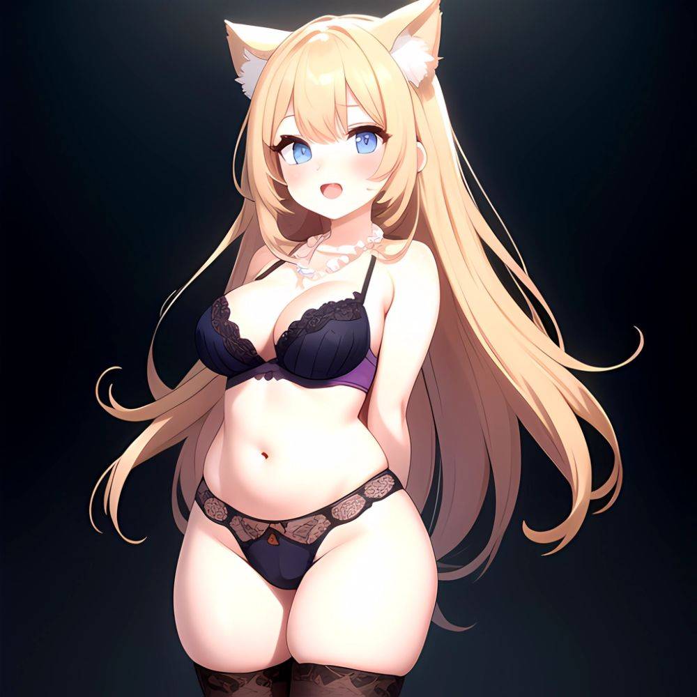 1girl Animal Ears Blonde Hair Blue Eyes Blush Breasts Cowboy Shot Cropped Legs Curvy Eyeshadow Fat Grey Thighhighs Jewelry Lace, 537838795 - AIHentai - #main