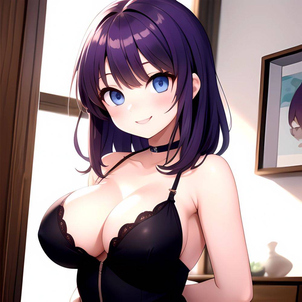 Yumi Senran Kagura 1girl Blue Eyes Breasts Cleavage Large Breasts Looking At Viewer Medium Breasts Paizuri Purple Hair Smile Upp, 164297036 - AIHentai - #main