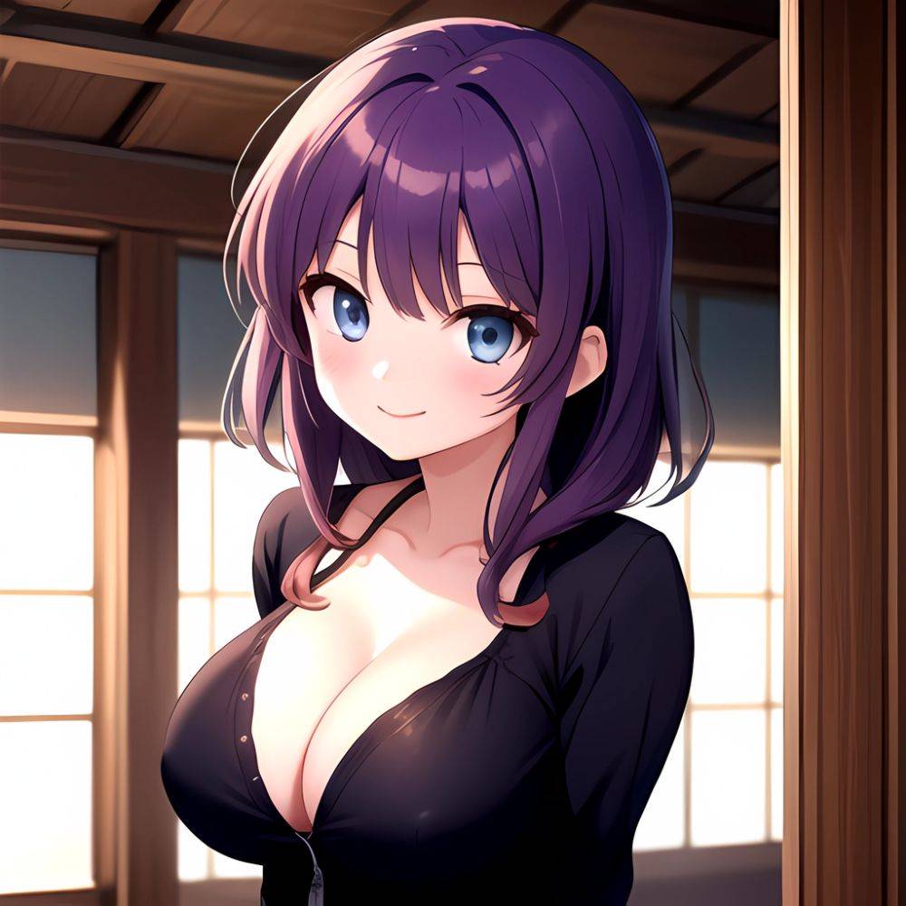 Yumi Senran Kagura 1girl Blue Eyes Breasts Cleavage Large Breasts Looking At Viewer Medium Breasts Paizuri Purple Hair Smile Upp, 137747273 - AIHentai - #main