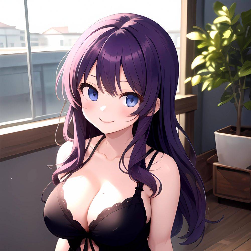 Yumi Senran Kagura 1girl Blue Eyes Breasts Cleavage Large Breasts Looking At Viewer Medium Breasts Paizuri Purple Hair Smile Upp, 372597490 - AIHentai - #main
