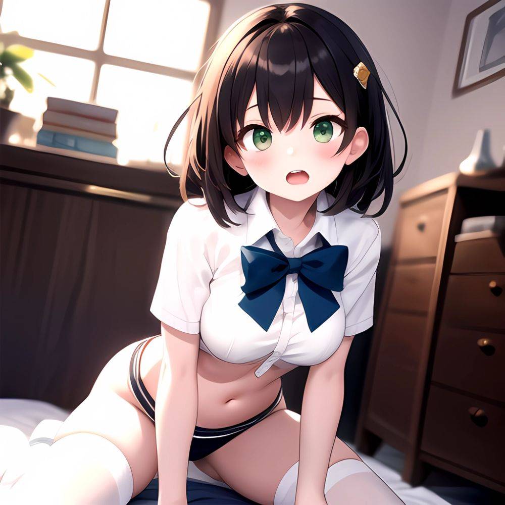 Breasts Cowgirl Position School Uniform Spread Legs Thighhighs Chieru Princess Connect 1girl Blurry Blurry Background Green Eyes, 3370747975 - AIHentai - #main