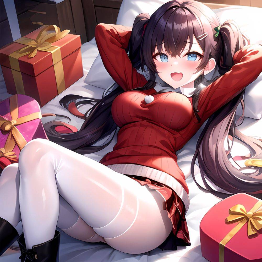 Hanae Blue Archive Hanae Christmas Blue Archive 1girl D Blue Eyes Blush Boots Box Breasts Clothes Lift Come Hither Condom, 1536040109 - AIHentai - #main