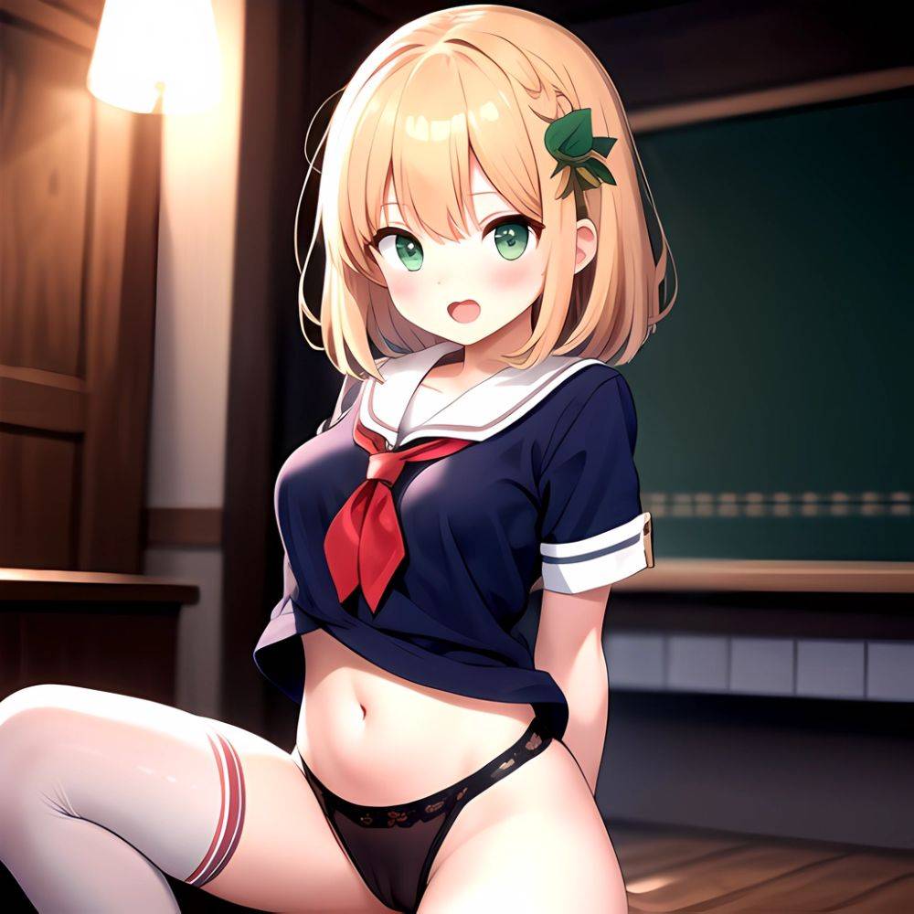 Breasts Cowgirl Position School Uniform Spread Legs Thighhighs Chieru Princess Connect 1girl Blurry Blurry Background Green Eyes, 3317270824 - AIHentai - #main
