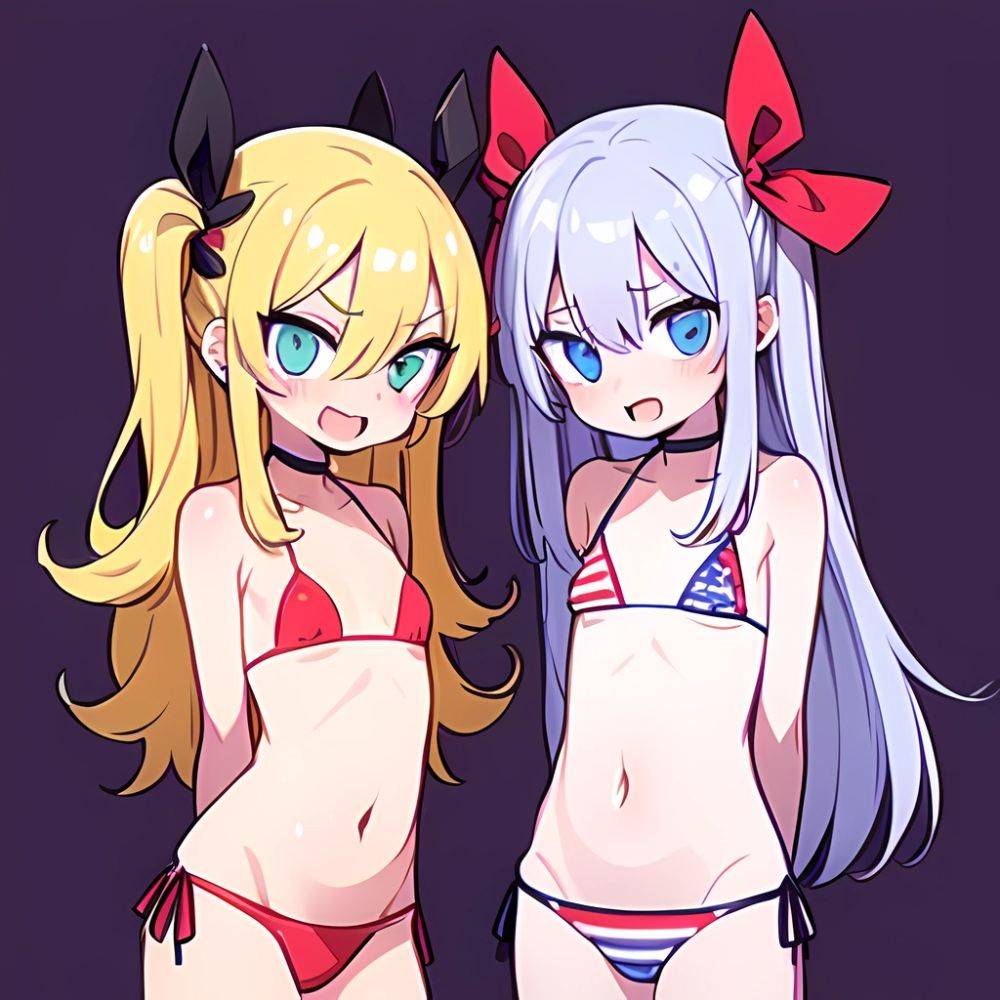 Gabriel Tenma White Raphiel Shiraha Ainsworth 2girls American Flag Bikini Bikini Blonde Hair Blue Eyes Blush Breasts Cross Hair, 3039802562 - AIHentai - #main