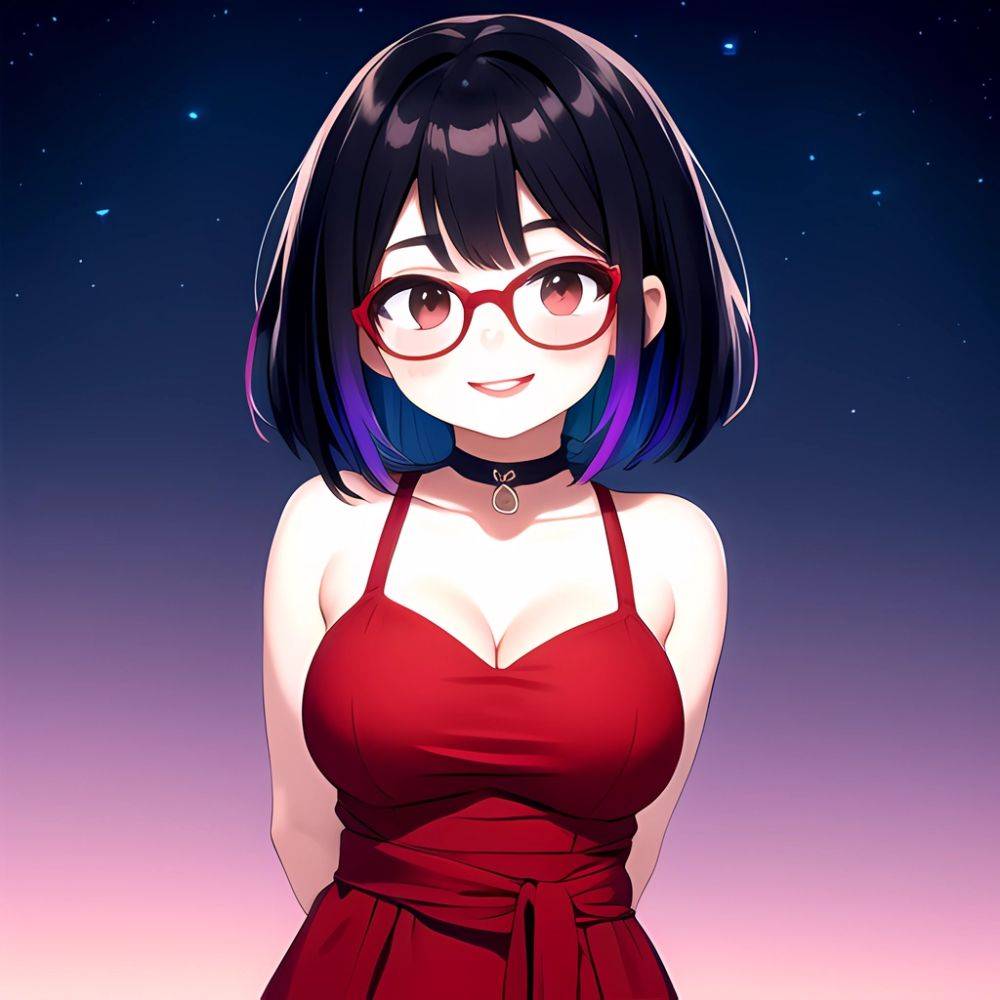 Kson 1girl Black Hair Blue Hair Breasts Brown Eyes Choker Cleavage Collarbone Dress Glasses Gradient Hair Head Tilt Looking At, 3141322346 - AIHentai - #main