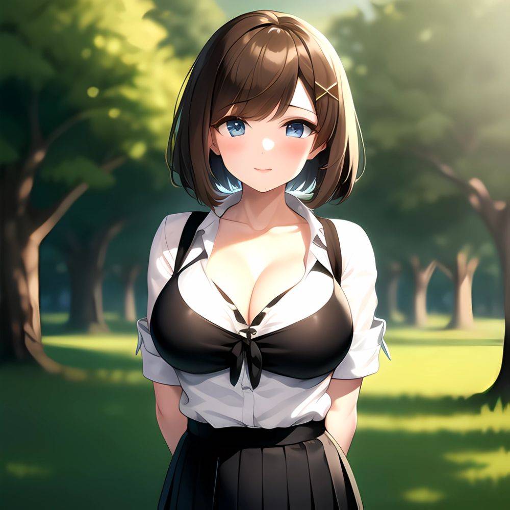 Blue Eyes Breasts Brown Hair Cleavage Large Breasts Short Hair Skirt Maya Kancolle 1girl Alternate Costume Arms Behind Back Blac, 4633076 - AIHentai - #main