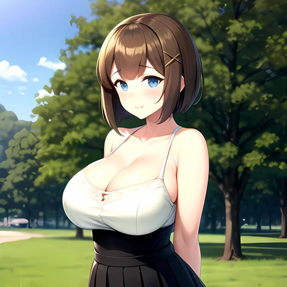 Blue Eyes Breasts Brown Hair Cleavage Large Breasts Short Hair Skirt Maya Kancolle 1girl Alternate Costume Arms Behind Back Blac, 364539132 - AIHentai - #main