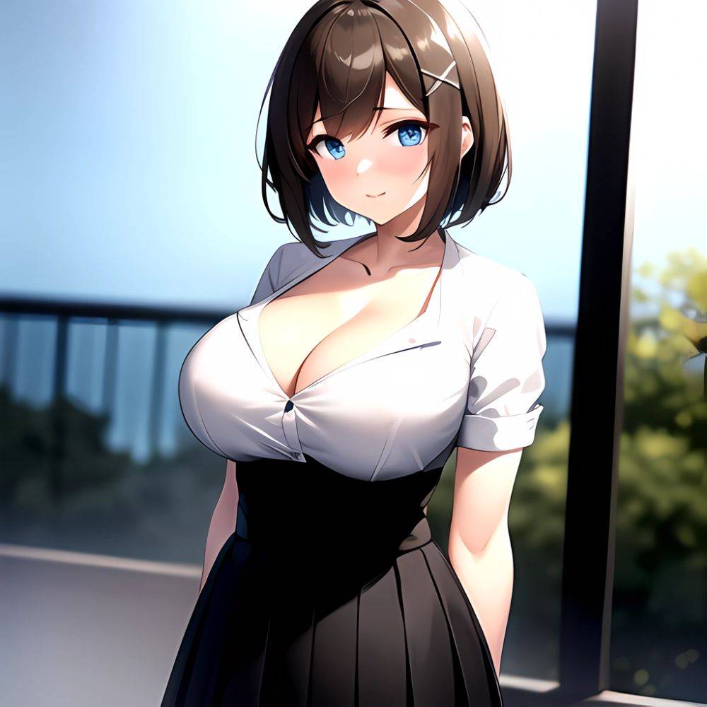 Blue Eyes Breasts Brown Hair Cleavage Large Breasts Short Hair Skirt Maya Kancolle 1girl Alternate Costume Arms Behind Back Blac, 87794908 - AIHentai - #main