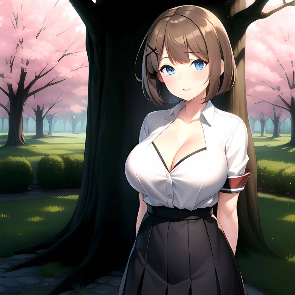 Blue Eyes Breasts Brown Hair Cleavage Large Breasts Short Hair Skirt Maya Kancolle 1girl Alternate Costume Arms Behind Back Blac, 486642138 - AIHentai - #main