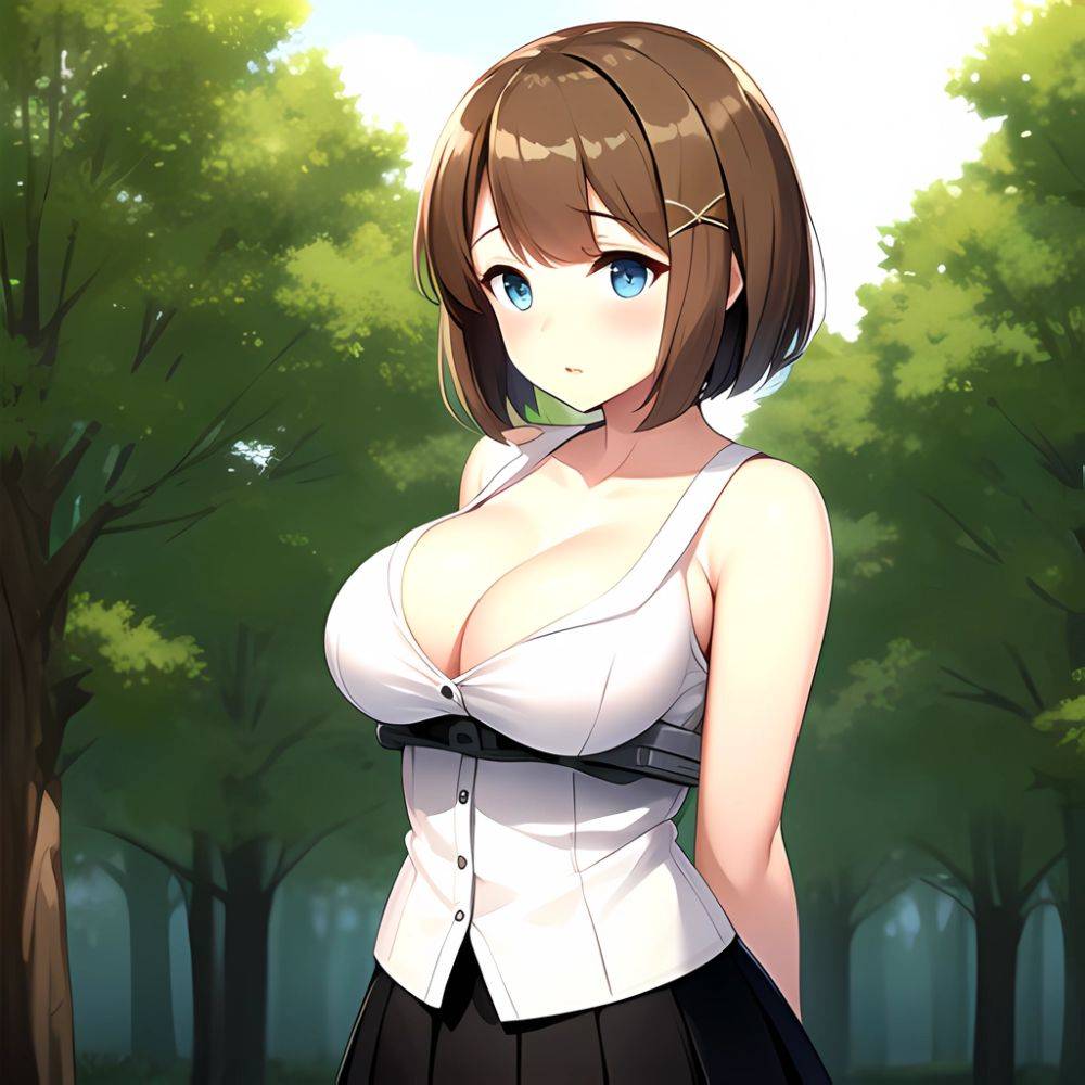 Blue Eyes Breasts Brown Hair Cleavage Large Breasts Short Hair Skirt Maya Kancolle 1girl Alternate Costume Arms Behind Back Blac, 3654799498 - AIHentai - #main
