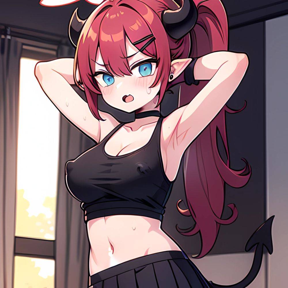 Megu Blue Archive 1girl Areola Slip Armpits Arms Up Bare Shoulders Black Skirt Blue Eyes Blush Breasts Choker Cleavage Collarbon, 3326289259 - AIHentai - #main