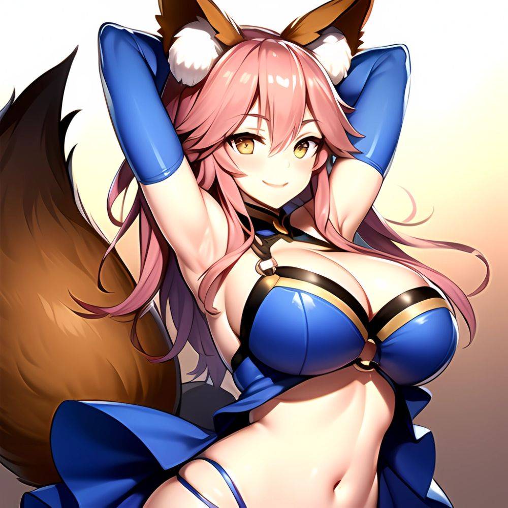 Tamamo Fate Tamamo No Mae Fate Extra 1girl Animal Ear Fluff Animal Ears Arms Up Bare Shoulders Blue Dress Blue, 1774126783 - AIHentai - #main