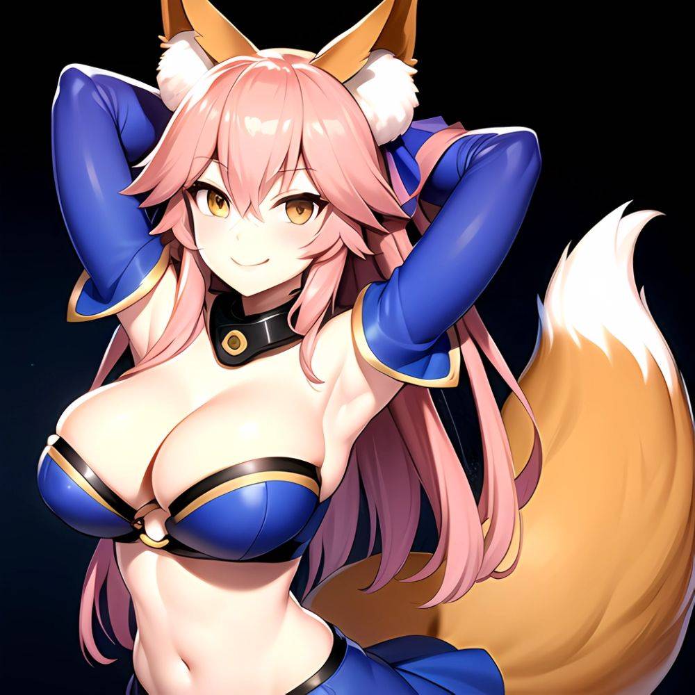Tamamo Fate Tamamo No Mae Fate Extra 1girl Animal Ear Fluff Animal Ears Arms Up Bare Shoulders Blue Dress Blue, 3784066275 - AIHentai - #main