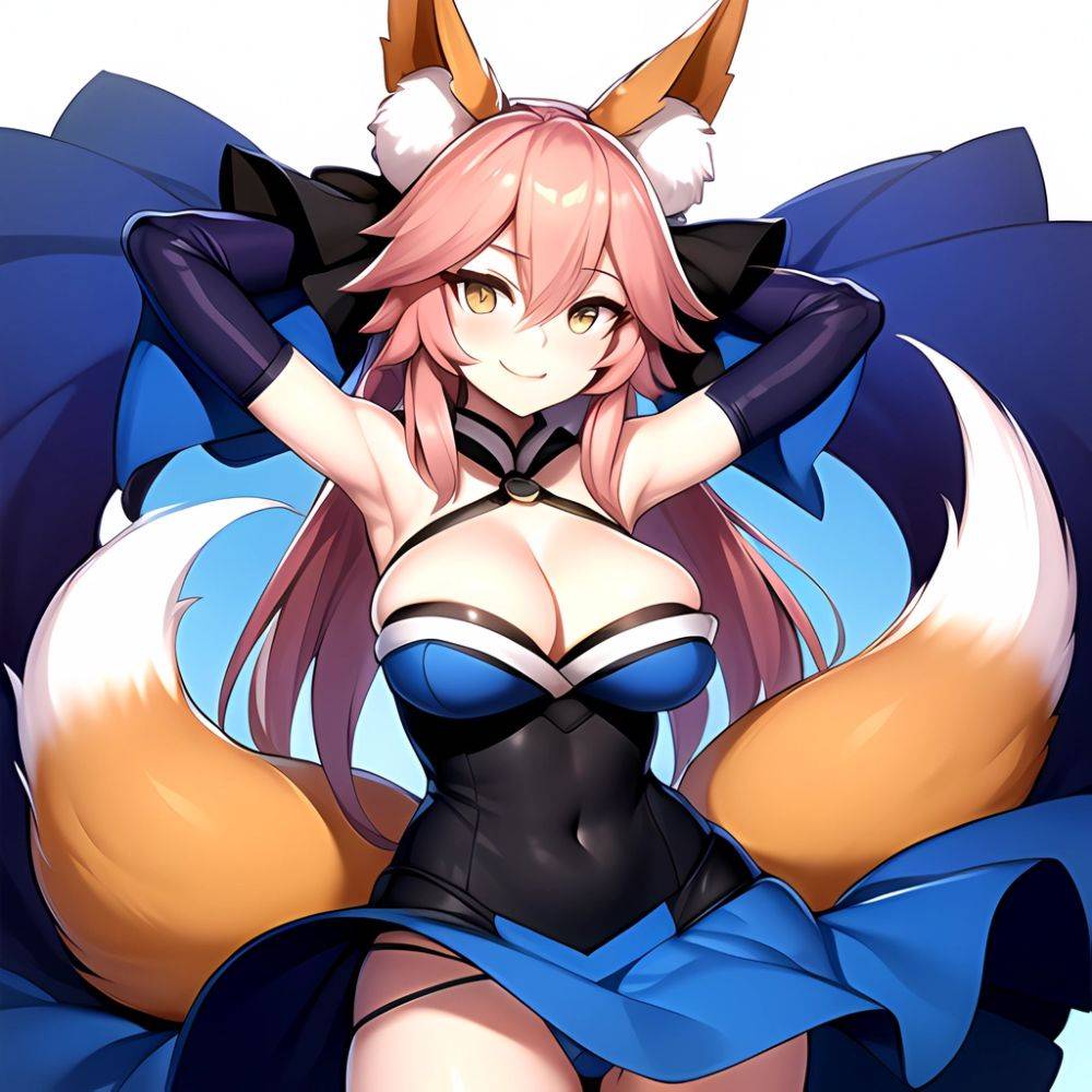 Tamamo Fate Tamamo No Mae Fate Extra 1girl Animal Ear Fluff Animal Ears Arms Up Bare Shoulders Blue Dress Blue, 3129826850 - AIHentai - #main