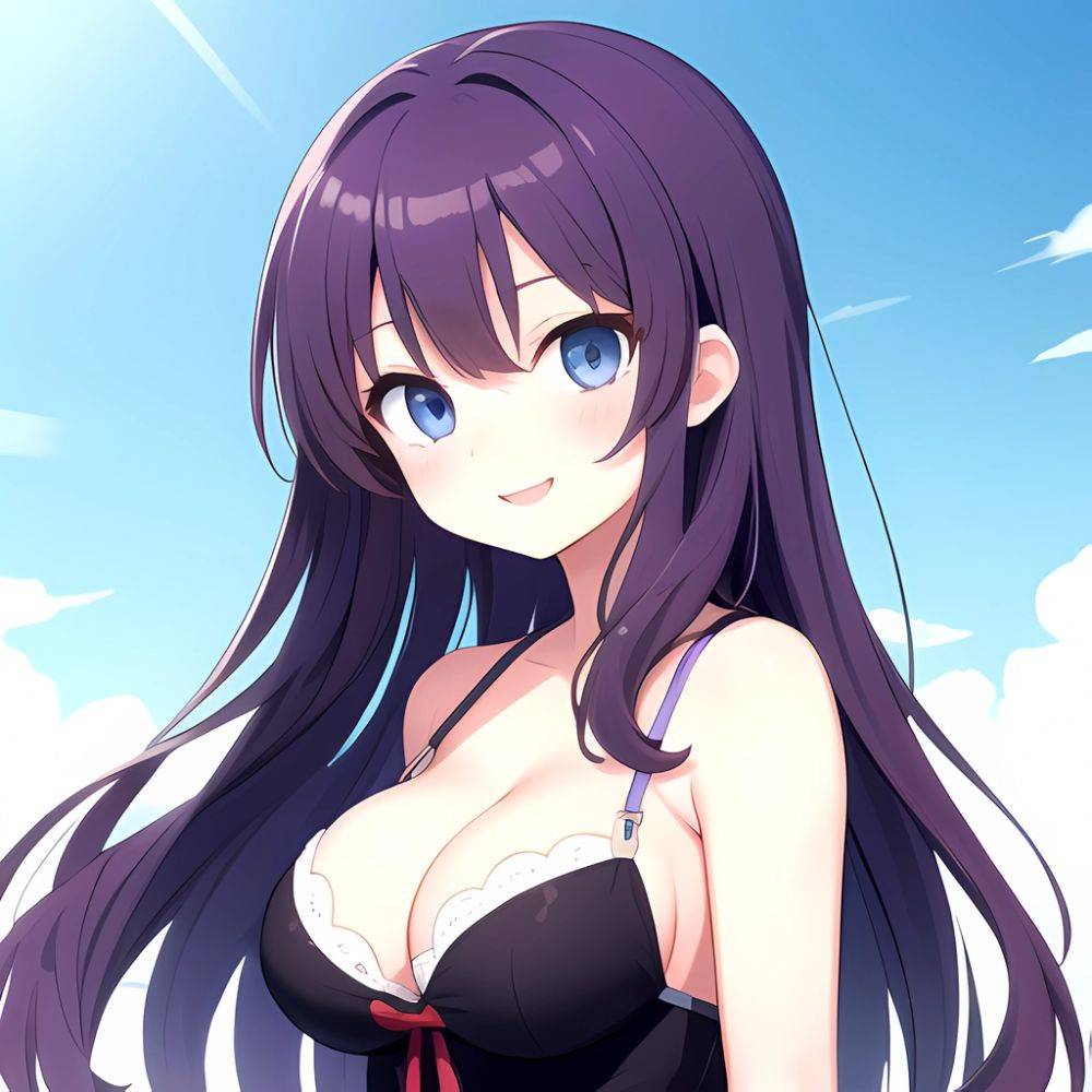 Yumi Senran Kagura 1girl Blue Eyes Breasts Cleavage Large Breasts Looking At Viewer Medium Breasts Paizuri Purple Hair Smile Upp, 3302210670 - AIHentai - #main