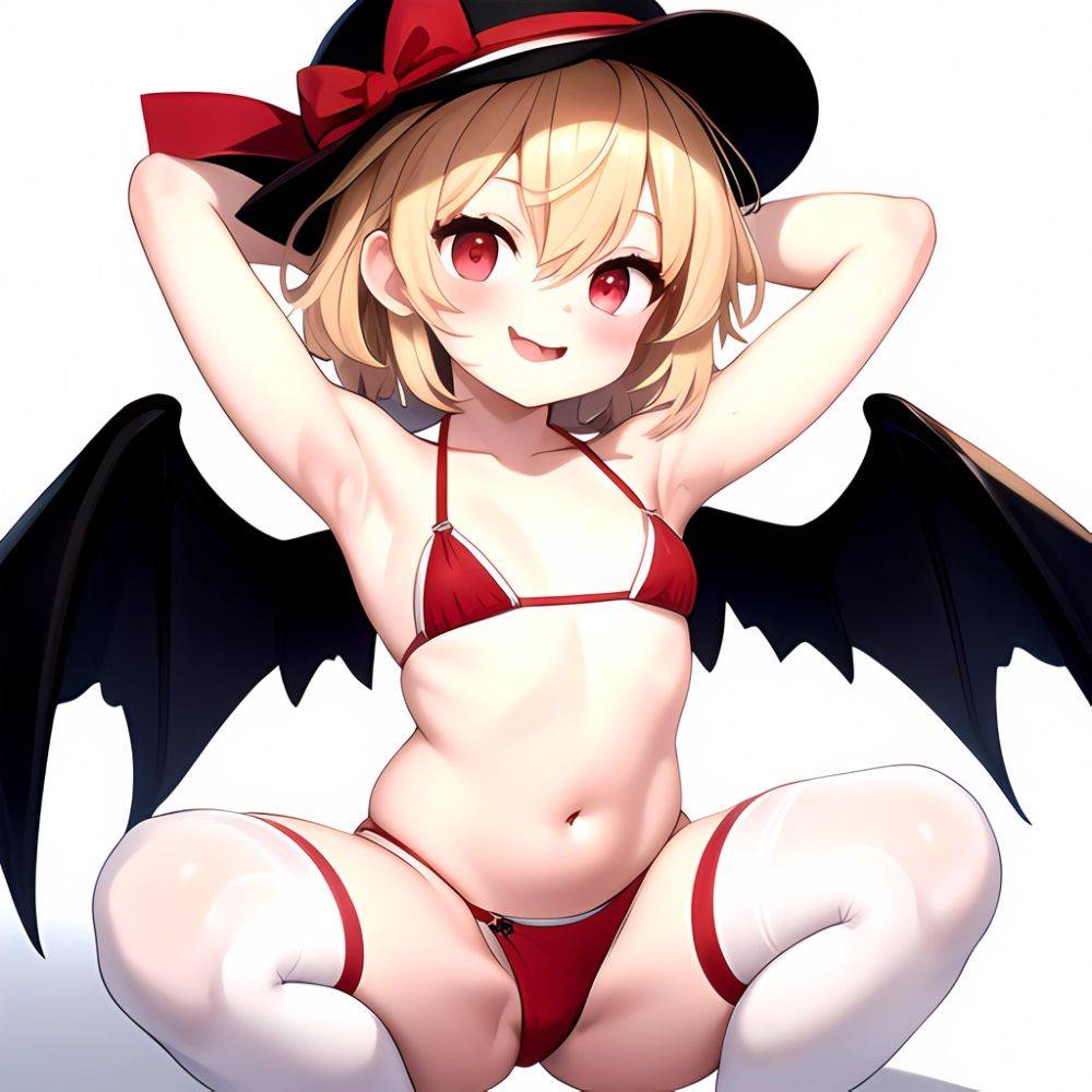 Armpits Bikini Breasts Red Eyes Red Thighhighs Small Breasts Thick Thighs White Bikini Flandre Scarlet 1girl P Blonde Hair Blush, 2757888022 - AIHentai - #main