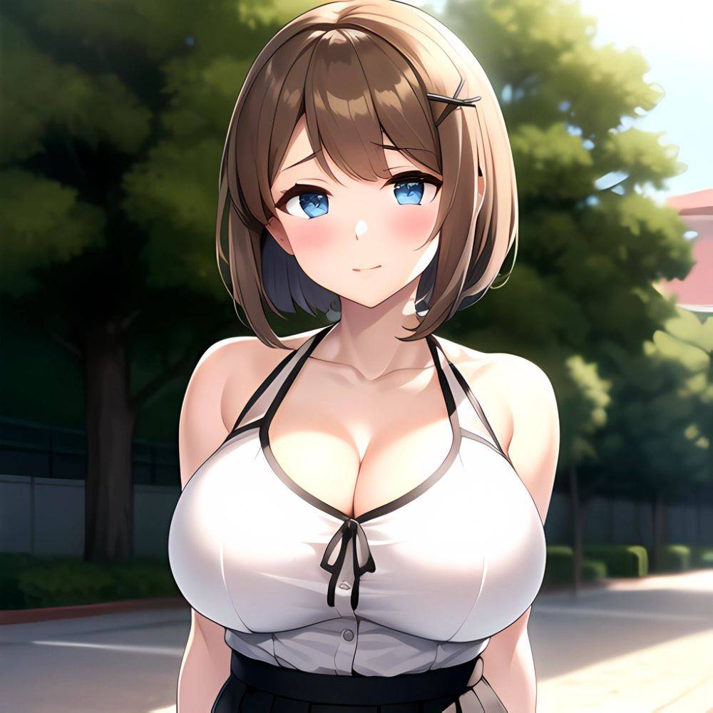 Blue Eyes Breasts Brown Hair Cleavage Large Breasts Short Hair Skirt Maya Kancolle 1girl Alternate Costume Arms Behind Back Blac, 1683487360 - AIHentai - #main