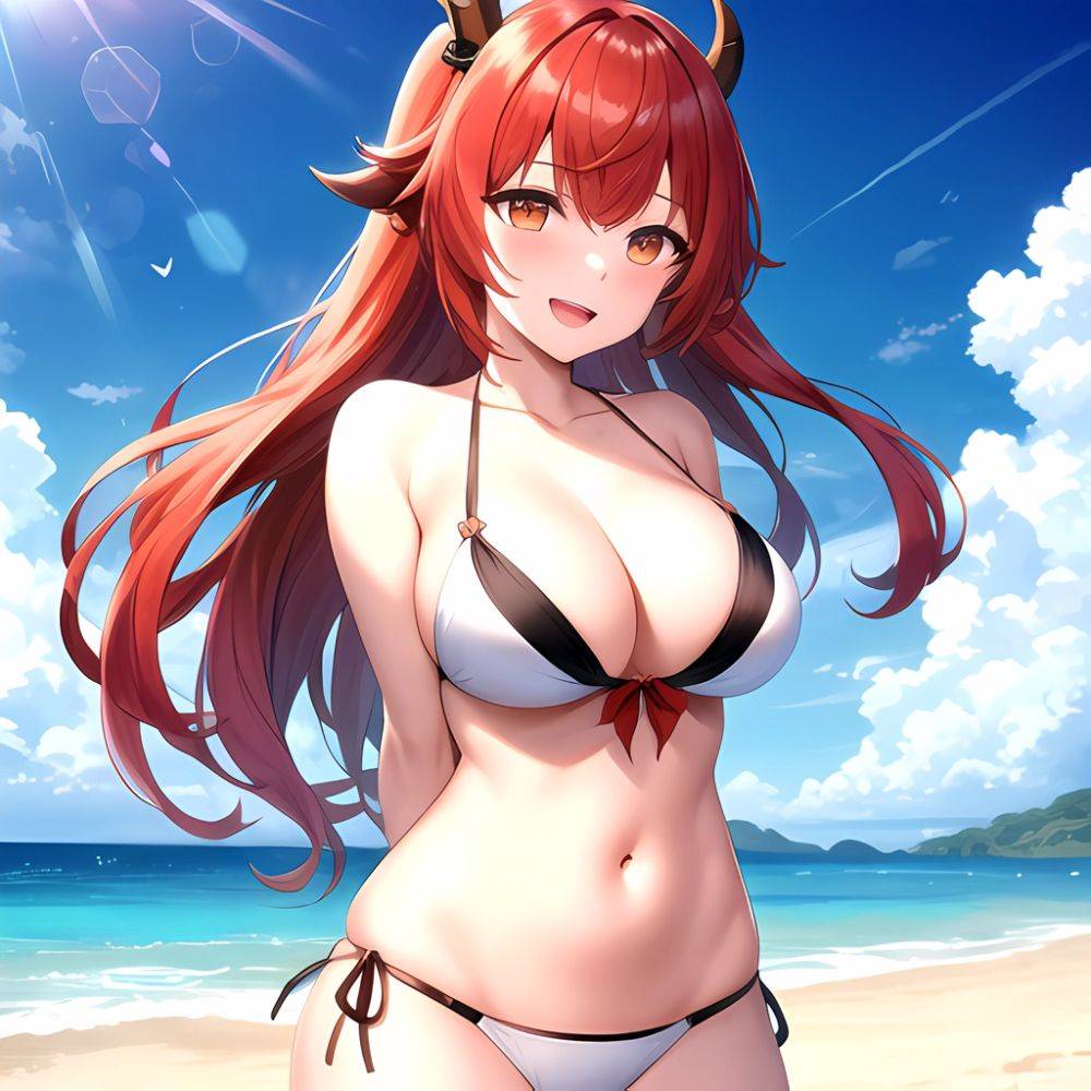 Nilou Genshin Impact 1girl Bare Shoulders Beach Bikini Blush Breasts Cleavage Collarbone Fake Horns Horns Large Breasts Long Hai, 1501248207 - AIHentai - #main