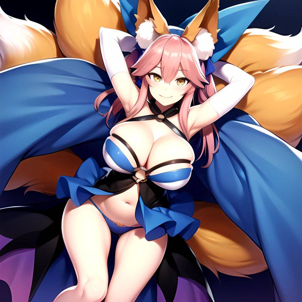 Tamamo Fate Tamamo No Mae Fate Extra 1girl Animal Ear Fluff Animal Ears Arms Up Bare Shoulders Blue Dress Blue, 2871012180 - AIHentai - #main