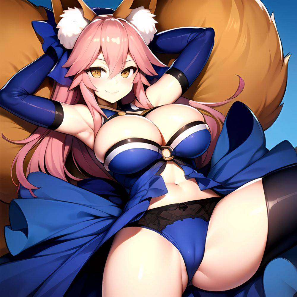 Tamamo Fate Tamamo No Mae Fate Extra 1girl Animal Ear Fluff Animal Ears Arms Up Bare Shoulders Blue Dress Blue, 2060200859 - AIHentai - #main