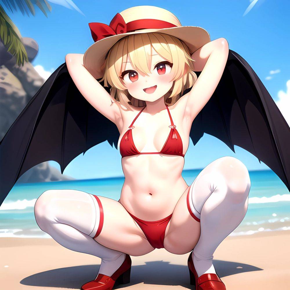 Armpits Bikini Breasts Red Eyes Red Thighhighs Small Breasts Thick Thighs White Bikini Blonde Hair Flandre Scarlet 1girl P Blush, 2201361517 - AIHentai - #main