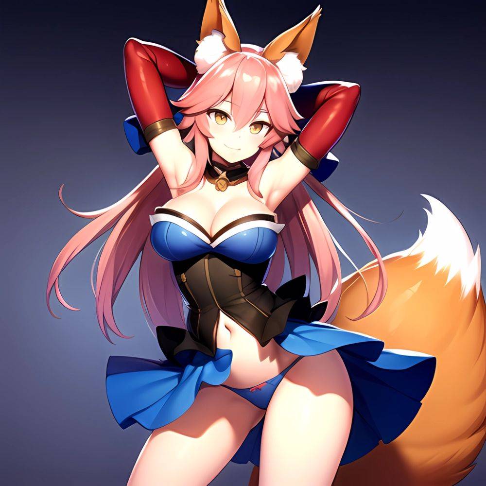 Tamamo Fate Tamamo No Mae Fate Extra 1girl Animal Ear Fluff Animal Ears Arms Up Bare Shoulders Blue Dress Blue, 2510049669 - AIHentai - #main