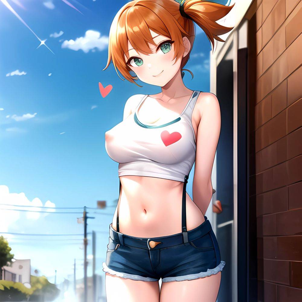Misty Pokemon 1girl Blue Panties Breasts Denim Denim Shorts Head Tilt Heart Medium Breasts Navel Nipples No Bra Orange Hair, 2130399943 - AIHentai - #main
