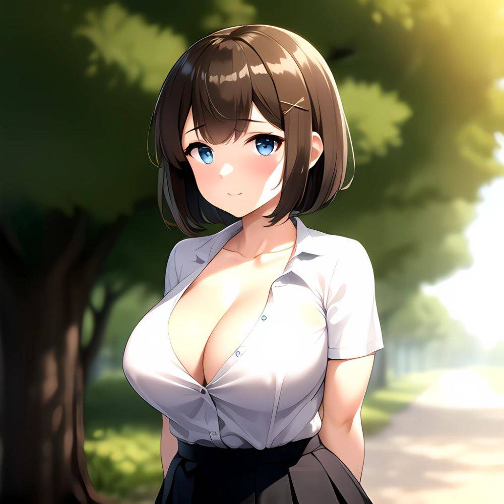 Blue Eyes Breasts Brown Hair Cleavage Large Breasts Short Hair Skirt Maya Kancolle 1girl Alternate Costume Arms Behind Back Blac, 1318893245 - AIHentai - #main