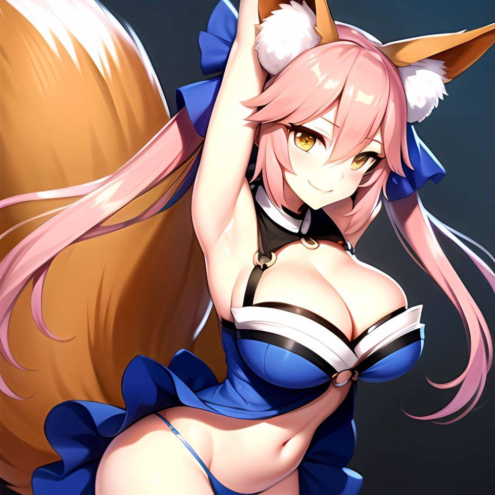 Tamamo Fate Tamamo No Mae Fate Extra 1girl Animal Ear Fluff Animal Ears Arms Up Bare Shoulders Blue Dress Blue, 3132345919 - AIHentai - #main
