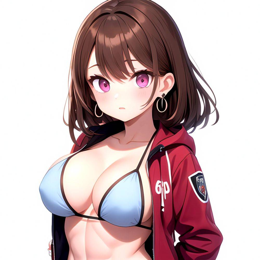 1girl Abs Bikini Breasts Brown Hair Colored Skin Earrings Jacket Jewelry Large Breasts Muscular Muscular Female Nose Piercing No, 3531030566 - AIHentai - #main