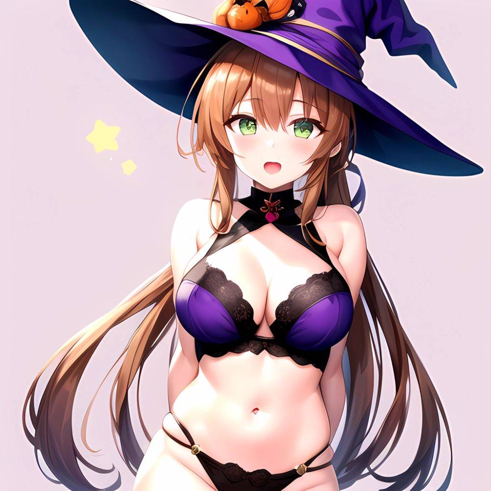 Chinatsu Suzutsuki Kurara 1girl Breasts Brown Hair Green Eyes Halloween Halloween Costume Hat Large Breasts Long Hair Open Mouth, 2675809325 - AIHentai - #main