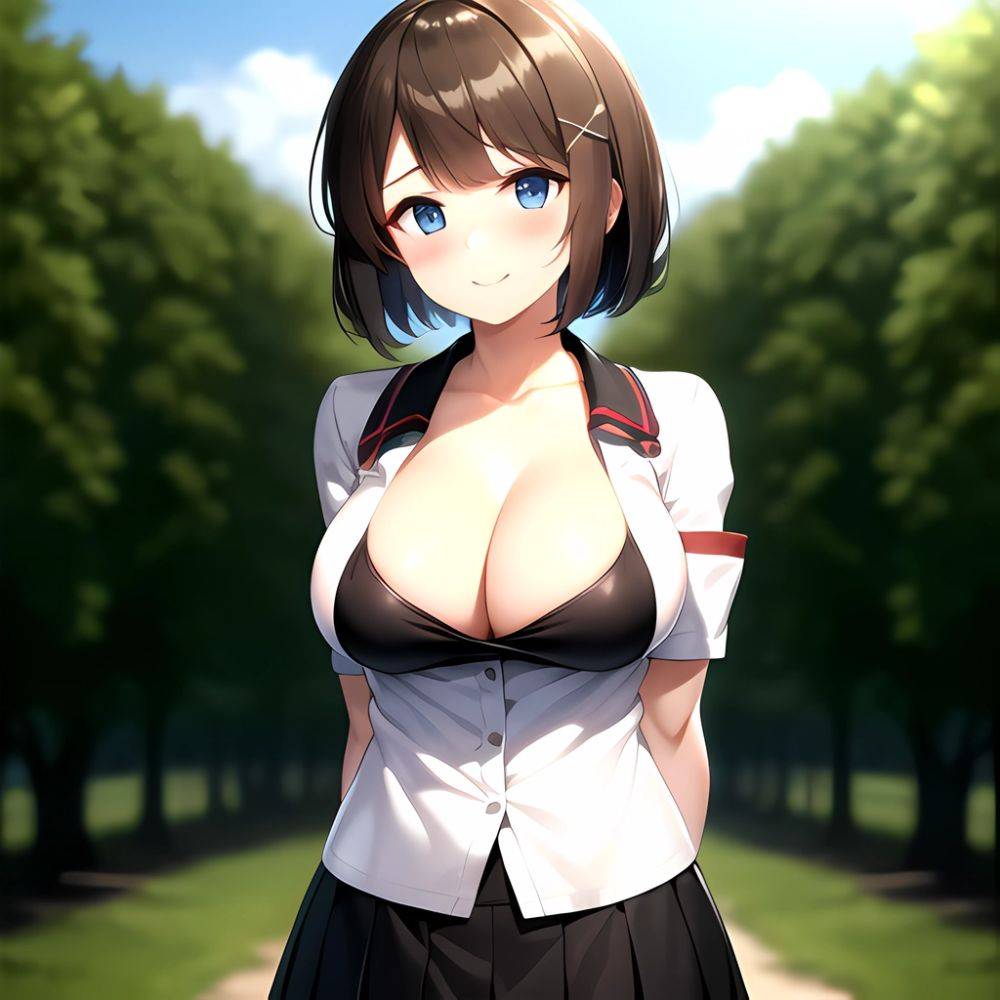 Blue Eyes Breasts Brown Hair Cleavage Large Breasts Short Hair Skirt Maya Kancolle 1girl Alternate Costume Arms Behind Back Blac, 2524790886 - AIHentai - #main