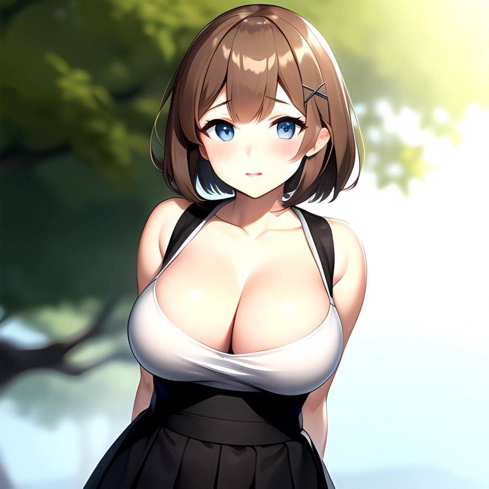Blue Eyes Breasts Brown Hair Cleavage Large Breasts Short Hair Skirt Maya Kancolle 1girl Alternate Costume Arms Behind Back Blac, 1237468419 - AIHentai - #main