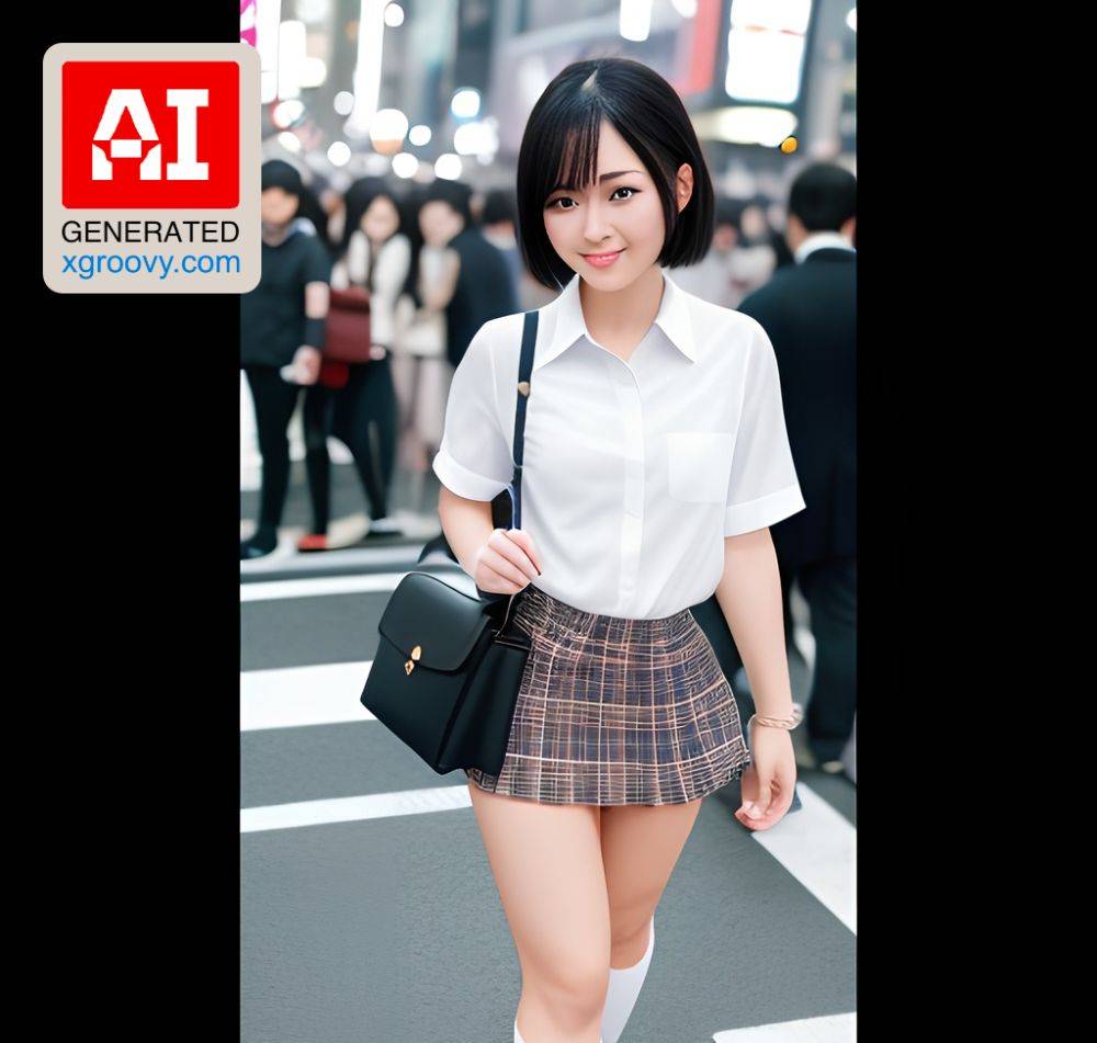 Short-haired Japanese schoolgirl with an alternative twist, rocking high socks and a happy, sexy expression at Shibuya Crossing. - #main