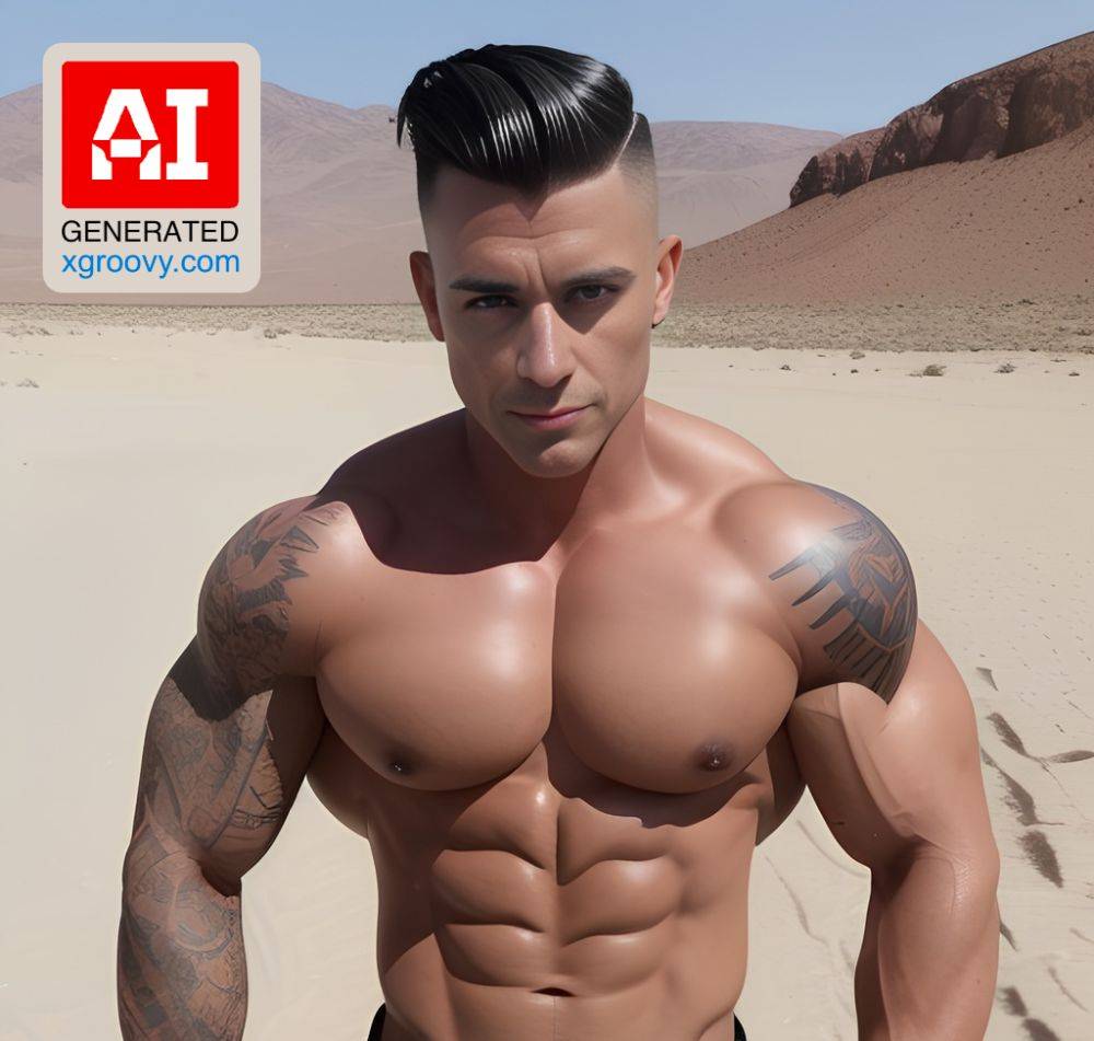 Muscular blonde with tattoos, oiled body & abs in military gear, ready to explore the hot desert. - #main