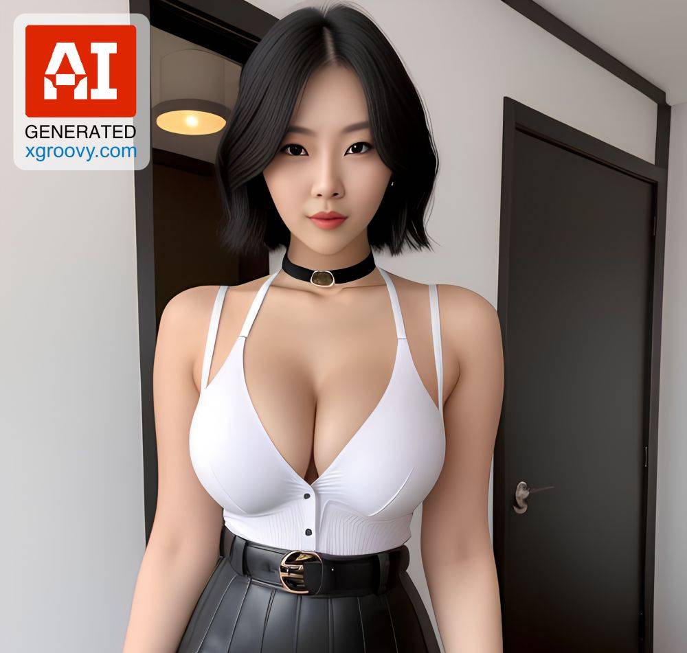 Korean beauty, short hair, big hips, perfect body in a mini skirt & choker. I'd love to bend her over my desk & f*ck her hard. - #main