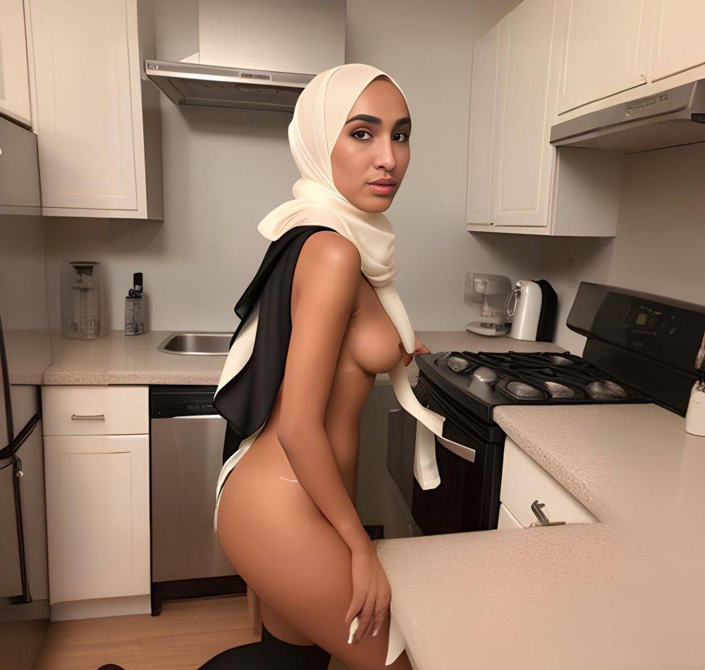 Tanned Skin Teen in Hijab Kitchen: A Miss Universe Model with Perfect Body and Small Tits Cumshot'. - #main
