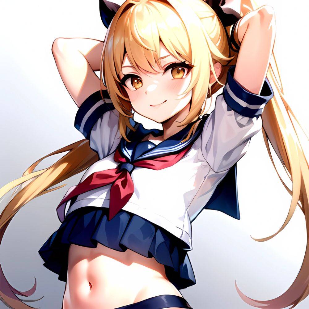 1girl Arms Up Arms Behind Head Blonde Hair Blue Skirt Bow Crop Top Crop Top Overhang Genshin Impact Gradient Background, 2977007953 - AIHentai - #main