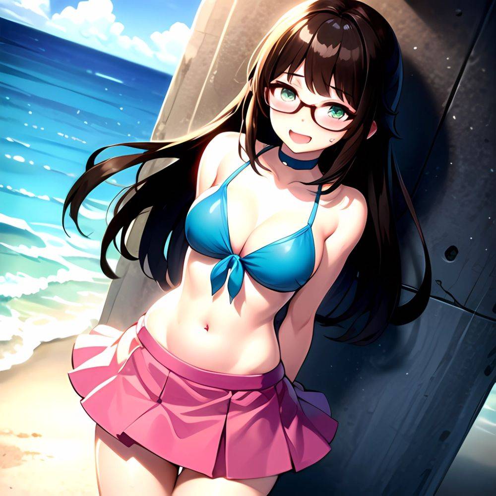 1girl D Bikini Bikini Bottom Aside Bikini Skirt Black Choker Blush Breasts Brown Hair Choker Cleavage Clothing Aside Front Tie, 1657888420 - AIHentai - #main