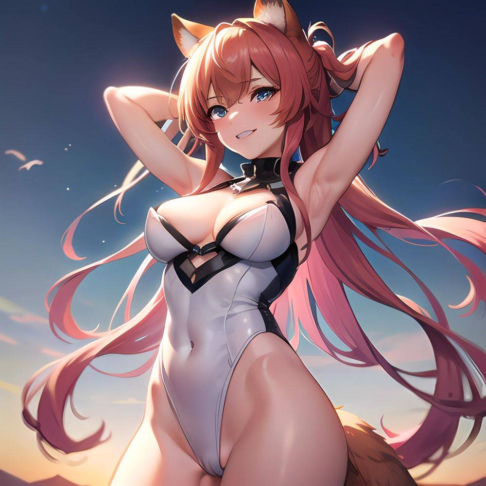 1girl Absurdres Animal Ear Fluff Animal Ears Arknights Arms Behind Head Chest Armor Covered Navel Gravel Arknights Highleg Highl, 73259298 - AIHentai - #main