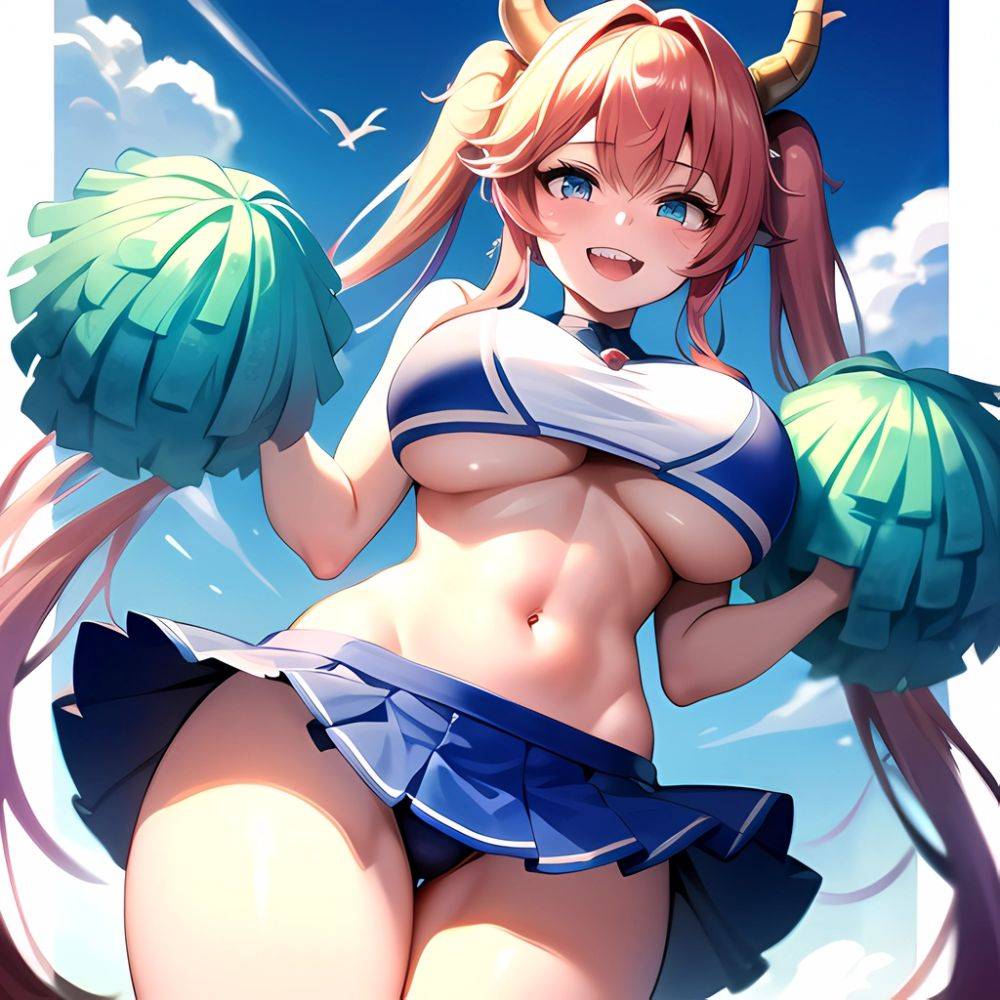 1girl Absurdres Blue Skirt Bluefrok Breasts Cheerleader Dragon Girl Dragon Horns Highres Holding Holding Pom Poms Horns Huge Bre, 2982774226 - AIHentai - #main