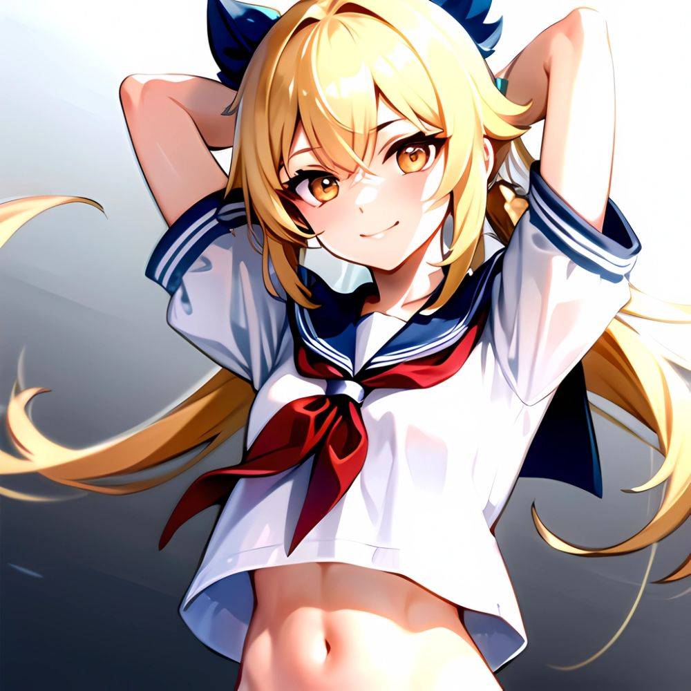 1girl Arms Up Arms Behind Head Blonde Hair Blue Skirt Bow Crop Top Crop Top Overhang Genshin Impact Gradient Background, 980412326 - AIHentai - #main