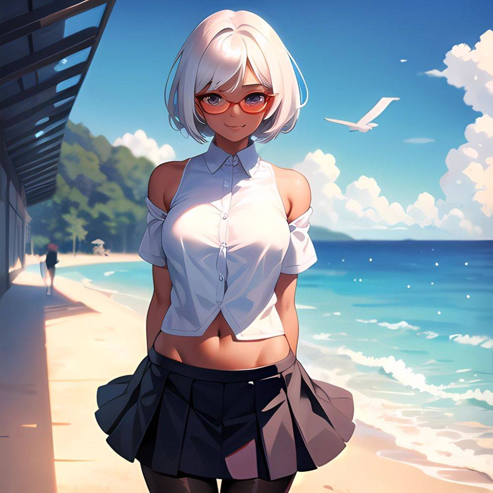 1girl Aircraft Bird Breasts Cloud Cloudy Sky Cowboy Shot Curtsey Dark Skinned Female Dark Skin Day Flashing Glasses Looking At, 2510226897 - AIHentai - #main