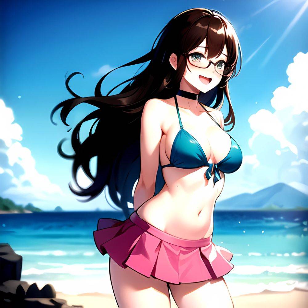 1girl D Bikini Bikini Bottom Aside Bikini Skirt Black Choker Blush Breasts Brown Hair Choker Cleavage Clothing Aside Front Tie, 852907622 - AIHentai - #main