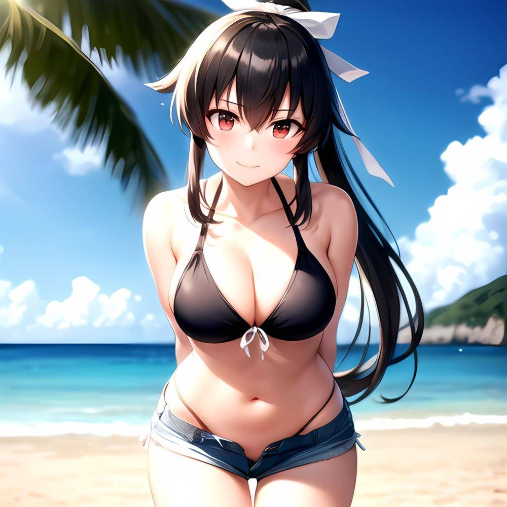 1girl Arms Behind Back Beach Bikini Bikini Under Shorts Black Bikini Black Hair Blurry Blurry Background Breasts Cleavage Closed, 428273122 - AIHentai - #main