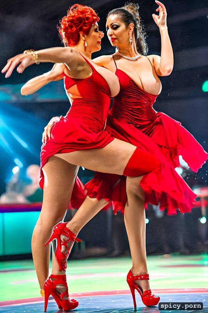with one leg raised high, ultrarealistic ultra detailed vivid colors voluptuous and lascivious sporty dancer 50 years old up red dress - #main
