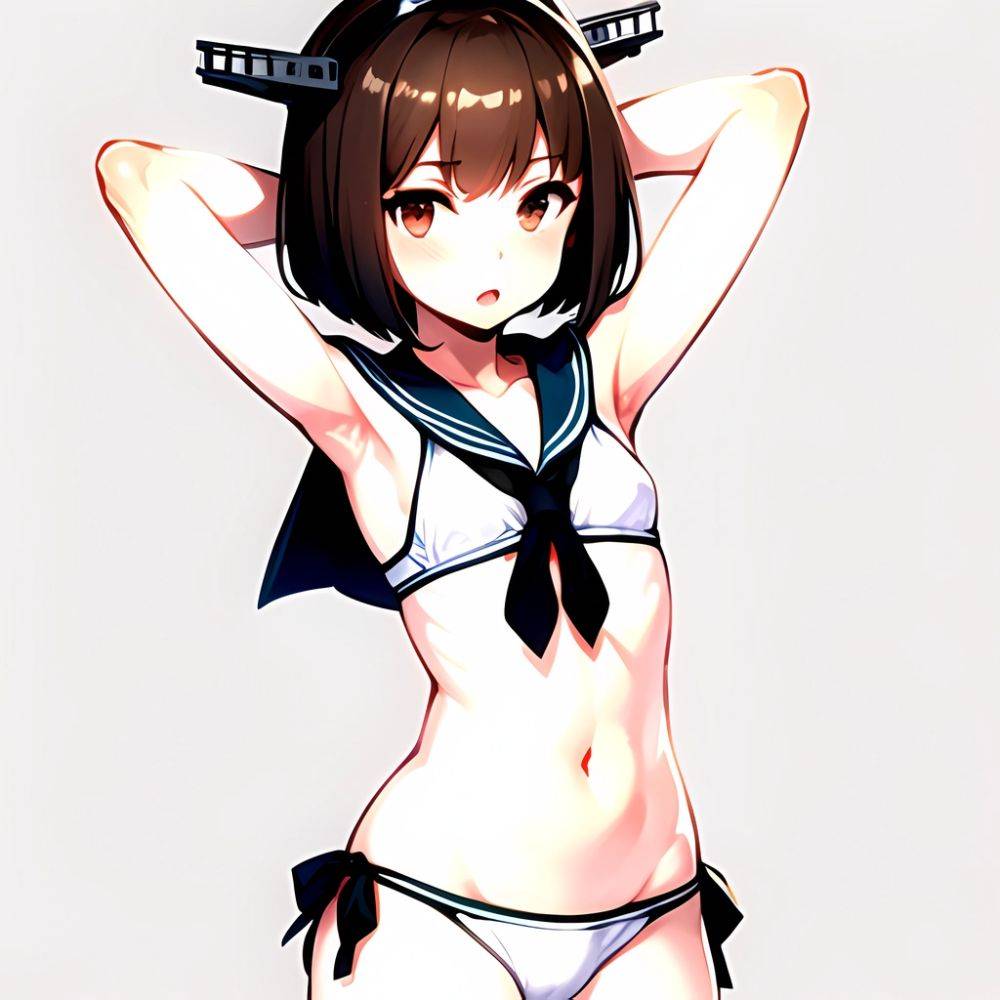 1girl Arms Up Arms Behind Head Bikini Bob Cut Brown Eyes Brown Hair Commentary Request Cosplay Cowboy Shot Flat Chest, 3193946632 - AIHentai - #main