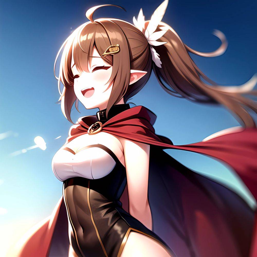 1girl D Ahoge Blush Brown Capelet Brown Cloak Brown Hair Capelet Cleavage Cutout Cloak Closed Eyes Clothing Cutout Crossed Bangs, 243807175 - AIHentai - #main