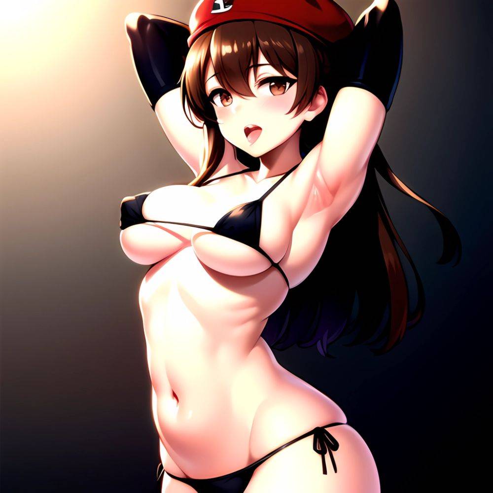 1girl Armpits Arms Behind Head Bikini Blush Breasts Brown Eyes Brown Hair Covered Erect Nipples Elbow Gloves Girls Und Panzer, 3067374595 - AIHentai - #main