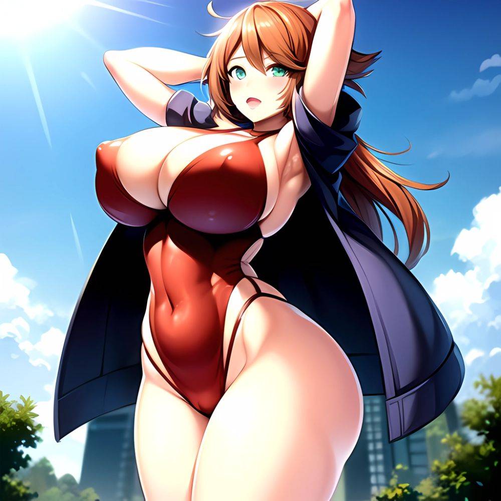 1girl Armpits Back Bare Legs Bikini Blush Breasts Covered Navel Cowboy Shot Creatures Company Female Focus Game Freak Green Eyes, 2003534526 - AIHentai - #main